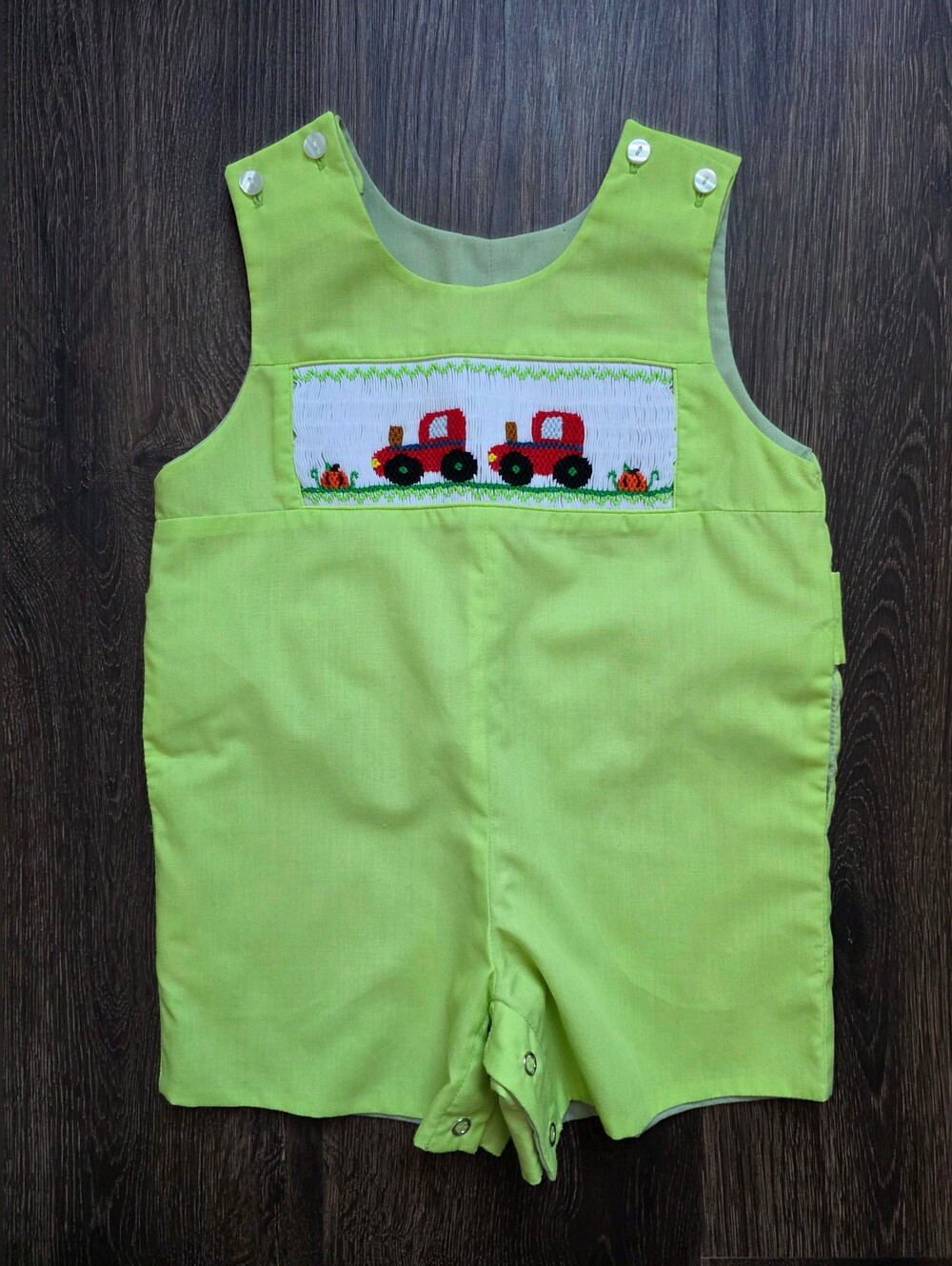 Sir John by Rosalina Fall Trotting Tractors Apple Green boy smocked romper